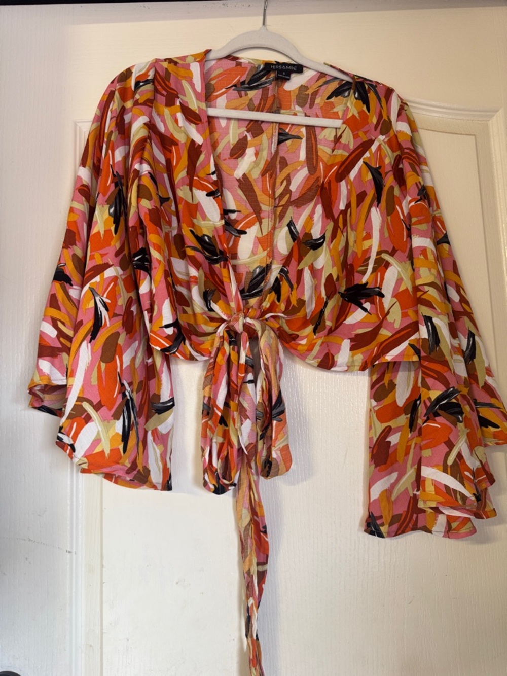 Helene Berman Multicolor Abstract Tie-Front Blouse — Pink & Orange Accents